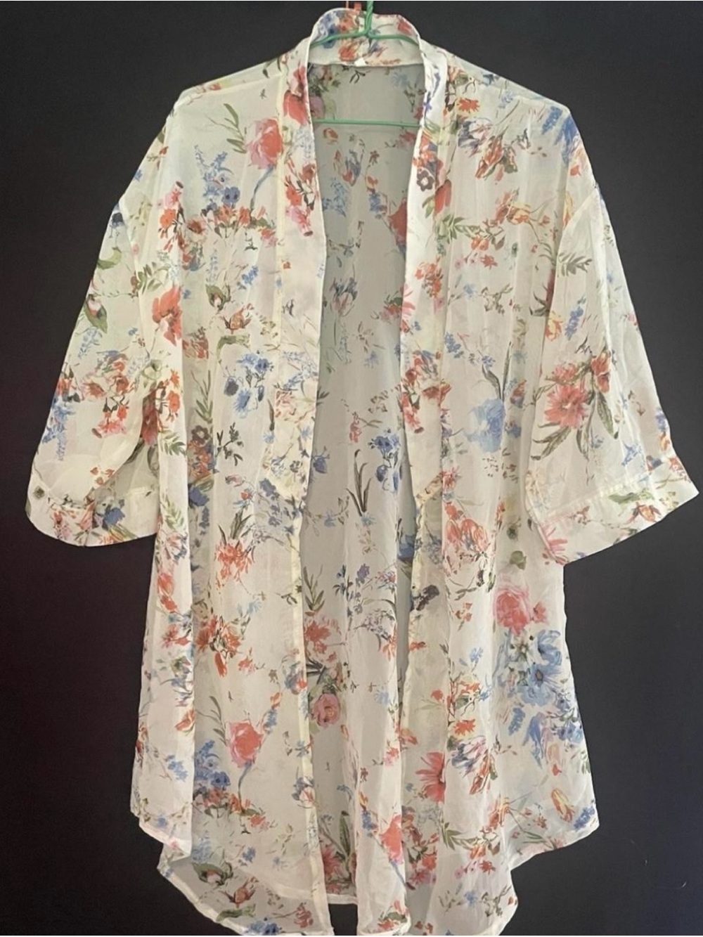 Lovely Sheer Floral Kimono Cardigan in White with Pink & Blue Blooms